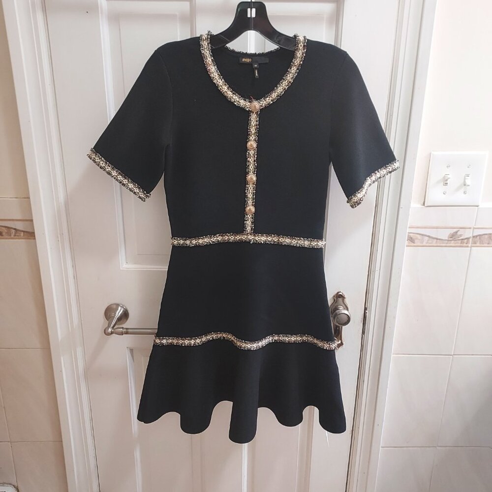 MAJE Rongalon Tweed Trimmed Knit Black Dress - Picture 2 of 9